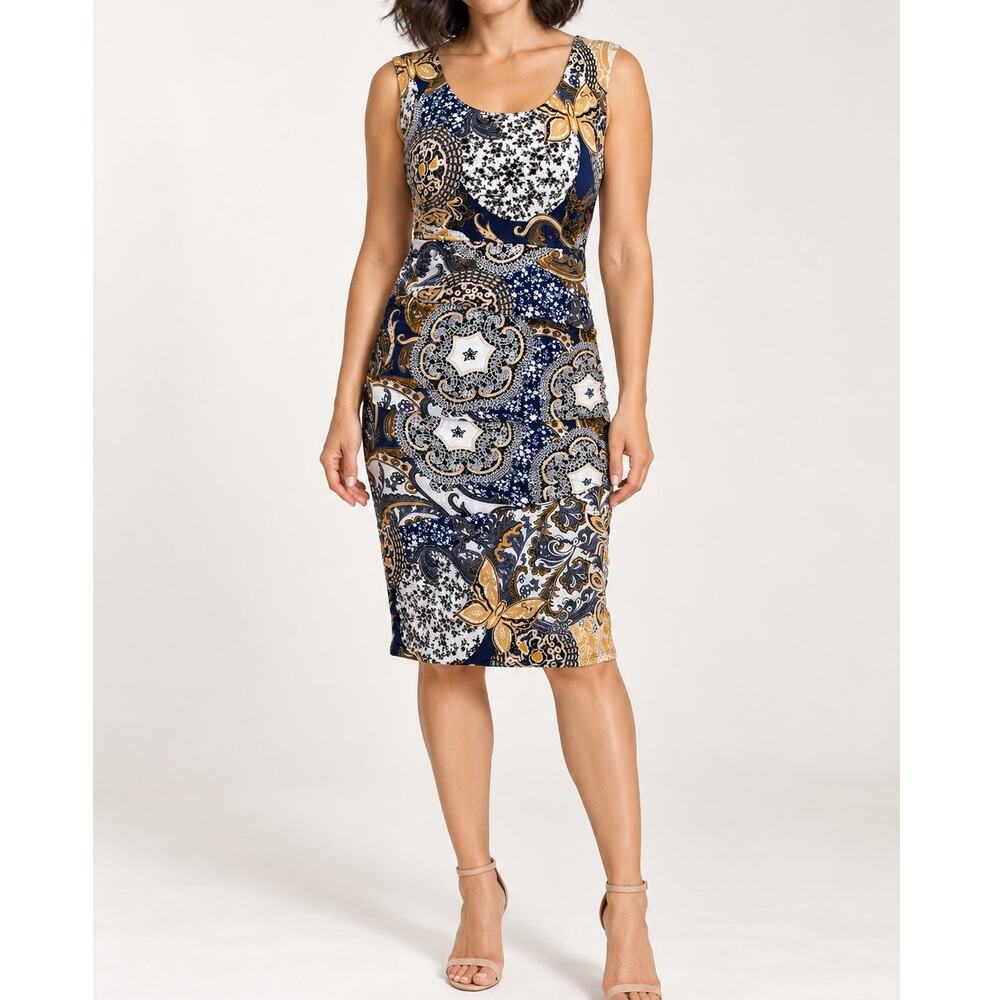 Paisley Sheath Dress Navy Tan Sleeveless Knit Rabbit Rabbit Rabbit 6 Knee Length